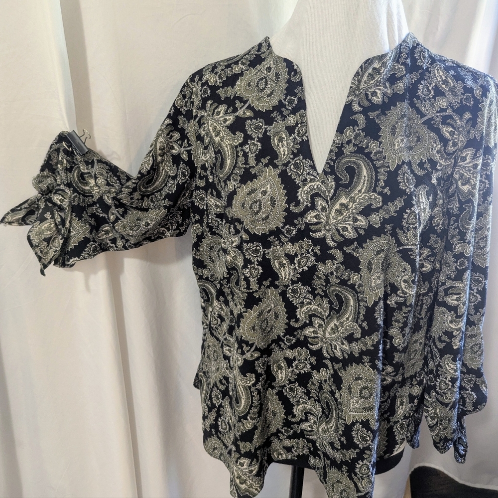 Michael Kors Black and Dark Sage Paisley Top